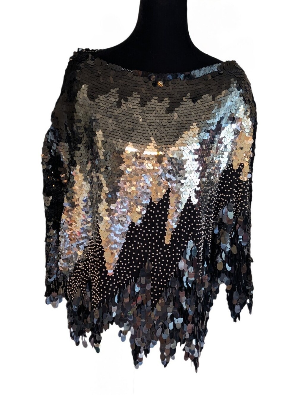 VINTAGE 1980s Oleg Cassini Sequin Beaded Butterfly Disco Cocktail Top sz Large